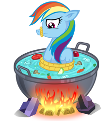 Size: 1818x2000 | Tagged: safe, artist:wangkingfun, derpibooru import, rainbow dash, pegasus, pony, carrot, cooked alive, cooking, female, fire, floppy ears, food, imminent vore, mare, mushroom, pony as food, pot, simple background, solo, transparent background