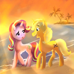 Size: 2300x2300 | Tagged: safe, artist:ryla, derpibooru import, starlight glimmer, oc, oc:sunlight bolt, pony, unicorn, beach, canon x oc, commission, date, romantic, sunset, ych result