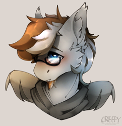 Size: 2268x2340 | Tagged: safe, artist:suplolnope, derpibooru import, oc, oc:times one, bat pony, clothes, facial hair, glasses, male, scarf, stallion