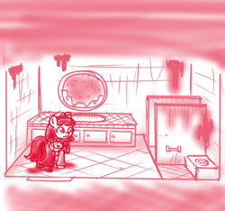 Size: 640x600 | Tagged: safe, artist:ficficponyfic, derpibooru import, part of a set, oc, oc:mulberry telltale, bag, bathroom, bathroom stall, boots, broken mirror, cabinet, cyoa, cyoa:madness in mournthread, dirty, ears up, empty toilet paper spool, flower, headband, monochrome, neckerchief, shoes, sink, story included, toilet, wide eyes