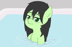 Size: 1402x925 | Tagged: safe, artist:happy harvey, derpibooru import, oc, oc:anon filly, earth pony, pony, bath, bathtub, blushing, colored pupils, drawn on phone, female, filly, lidded eyes, looking at you, solo, solo female, water