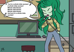 Size: 2893x2039 | Tagged: safe, artist:pony4koma, derpibooru import, edit, wallflower blush, human, better together, equestria girls, forgotten friendship, ac/dc, computer, keyboard, lyrics, microphone, monitor, singing, solo, song reference, text, whole lotta rosie