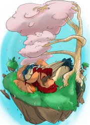 Size: 1000x1378 | Tagged: safe, artist:daniefox, derpibooru import, oc, oc only, oc:arnbjörn, oc:arrow, pony, floating island, male, sleeping, stallion, tree