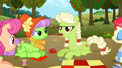 Size: 1280x720 | Tagged: safe, derpibooru import, screencap, apple rose, auntie applesauce, granny smith, earth pony, pony, apple family reunion, female, mare, young, young granny smith, younger