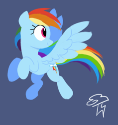 Size: 900x950 | Tagged: safe, artist:yaaaco, derpibooru import, rainbow dash, pegasus, pony, blue background, female, flying, mare, raised hoof, raised leg, simple background, solo