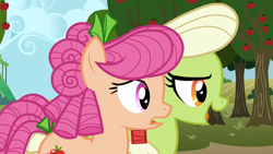 Size: 1280x720 | Tagged: safe, derpibooru import, screencap, apple rose, granny smith, earth pony, pony, apple family reunion, duo, female, mare, young, young granny smith, younger