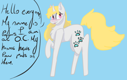 Size: 1024x643 | Tagged: safe, artist:pawstheartest, derpibooru import, oc, oc only, pony, unicorn, blue background, chest fluff, female, horn, mare, paw prints, raised hoof, simple background, solo, talking, unicorn oc