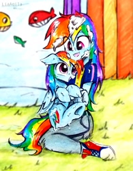 Size: 2322x2973 | Tagged: safe, artist:liaaqila, derpibooru import, rainbow dash, pony, equestria girls, cute, dunk tank, holding a pony, hug, human ponidox, open mouth, pie filling, self ponidox, smiling, wet