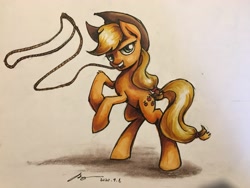 Size: 4032x3024 | Tagged: safe, artist:musical ray, derpibooru import, applejack, earth pony, pony, female, jumping, solo, solo female, standing, traditional art