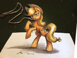 Size: 2048x1536 | Tagged: safe, artist:musical ray, derpibooru import, applejack, earth pony, pony, female, jumping, solo, solo female, standing, traditional art