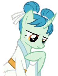 Size: 235x308 | Tagged: safe, artist:deepestclover80, derpibooru import, edit, edited screencap, screencap, pony, unicorn, campfire tales, background pony, background removed, blue mane, clothes, concentrating, curved horn, female, green coat, horn, looking down, mare, not a vector, odango, orange eyes, raised hoof, robe, simple background, sitting, solo, student, transparent background, unnamed character, unnamed pony