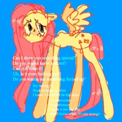 Size: 581x581 | Tagged: safe, artist:russianvore, derpibooru import, fluttershy, pegasus, pony, flattened ear, long legs, lyrics, text, unsure