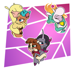 Size: 1504x1400 | Tagged: safe, artist:redahfuhrerking, derpibooru import, arizona cow, oleander, paprika paca, pom lamb, tianhuo, velvet reindeer, them's fightin' herds, blushing, community related, cuddling, cute, daaaaaaaaaaaw, female, fightin' six, hug, tsundere