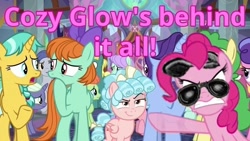 Size: 800x450 | Tagged: safe, derpibooru import, edit, edited screencap, screencap, cozy glow, pinkie pie, earth pony, pegasus, pony, school raze, harry s. pinkett, mr. plinkett, plinkett, redlettermedia, star wars, text, text edit