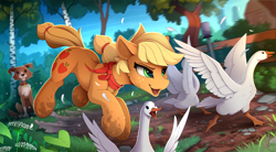 Size: 2300x1270 | Tagged: safe, artist:yakovlev-vad, derpibooru import, applejack, winona, bird, dog, earth pony, goose, pony, ..., action pose, appledog, bandana, behaving like a dog, chase, dirt, dirty, excitement, feather, female, forest, mare, mud, muddy hooves, open mouth, running, spread wings, teaching, tree, wings