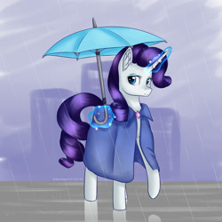 Size: 2000x2000 | Tagged: safe, artist:brilliant-luna, derpibooru import, rarity, pony, unicorn, cape, clothes, ear fluff, female, glowing horn, horn, levitation, magic, mare, rain, raincoat, solo, telekinesis, umbrella, walking