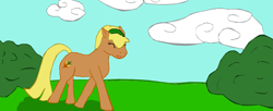 Size: 1285x522 | Tagged: safe, artist:aerishikari, derpibooru import, oc, oc:autumn fall, earth pony, bush, cloud, day, earth pony oc, eyes closed, happy, solo, walking