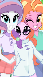 Size: 1080x1920 | Tagged: safe, artist:sallyso, derpibooru import, luster dawn, potion nova, oc, oc:chemical sunshine, equestria girls, clothes, coat, equestria girls-ified, eyeshadow, family, female, glasses, grin, icey-verse, jeans, lab coat, lesbian, lusternova, magical lesbian spawn, makeup, mother and child, mother and daughter, offspring, one eye closed, pants, parent and child, parent:luster dawn, parent:potion nova, parents:lusternova, shipping, shirt, skirt, sleeveless, smiling, wink
