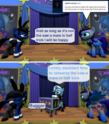 Size: 1024x1163 | Tagged: safe, artist:out-buck-pony, derpibooru import, trixie, oc, oc:nightblood eclipse, oc:true blue, alicorn, pony, unicorn, 3d, bunny suit, clothes, comic, cuffs (clothes), female, magician outfit, mare, rule 63, source filmmaker, stage