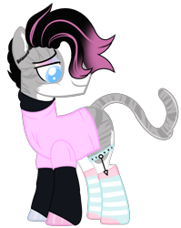 Size: 1504x1894 | Tagged: safe, artist:pegasski, artist:rukemon, derpibooru import, oc, oc only, oc:soft meows, cat, cat pony, original species, pony, base used, clothes, coat markings, commission, eyeshadow, femboy, makeup, male, shirt, simple background, socks, solo, stallion, striped socks, sweater, trans boy, transgender, transparent background