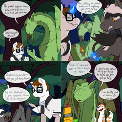 Size: 2562x2562 | Tagged: safe, artist:professor-ponyarity, derpibooru import, oc, oc:gear shadow, oc:gene, oc:maxi, oc:rye, bat pony, dragon, pony, unicorn, wolf, glasses, male, stallion, tree, tumblr:ask rye dimar dragon