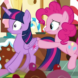 Size: 500x500 | Tagged: safe, derpibooru import, screencap, pinkie pie, twilight sparkle, twilight sparkle (alicorn), alicorn, earth pony, pony, spoiler:cakes for the memories, cakes for the memories, cropped, female, mare, out of context, pushing