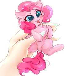 Size: 671x718 | Tagged: safe, artist:haokan, derpibooru import, pinkie pie, earth pony, pony, :p, blushing, cute, diapinkes, dock, ear fluff, female, holding a pony, in goliath's palm, micro, solo, tongue out