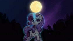 Size: 3840x2160 | Tagged: safe, artist:hawthornss, derpibooru import, rarity, pony, unicorn, female, forest, full moon, glowing horn, horn, looking at you, mare, moon, night, stars, wallpaper