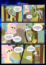 Size: 3259x4607 | Tagged: safe, artist:estories, derpibooru import, discord, fluttershy, draconequus, pegasus, pony, comic:nevermore, open mouth, sitting, speech bubble, upside down