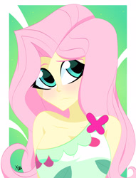 Size: 2352x3084 | Tagged: safe, artist:xan-gelx, derpibooru import, fluttershy, equestria girls, spring breakdown, adorasexy, blushing, breasts, cleavage, clothes, cute, eyelashes, hootershy, off shoulder, sexy, shyabetes, solo, wavy mouth