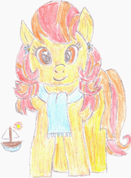 Size: 369x500 | Tagged: safe, artist:ewxep, aunt holiday, earth pony, pony, the last crusade, boat, clothes, earring, female, looking at you, mare, scarf, simple background, smiling, solo, sun, traditional art, white background
