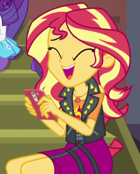 Size: 366x456 | Tagged: safe, derpibooru import, screencap, rarity, sunset shimmer, better together, costume conundrum, equestria girls, cropped, cute, eyes closed, open mouth, phone, shimmerbetes, solo focus