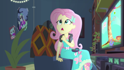 Size: 1920x1080 | Tagged: safe, derpibooru import, screencap, fluttershy, better together, costume conundrum, equestria girls, female, solo, television, video game