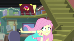 Size: 1920x1080 | Tagged: safe, derpibooru import, screencap, fluttershy, better together, costume conundrum, equestria girls, book, journal, solo