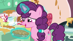 Size: 1920x1080 | Tagged: safe, derpibooru import, screencap, sugar belle, unicorn, the big mac question, amazed, food, glowing horn, horn, kitchen, magic, messy kitchen, pie, solo, sugarcube corner, telekinesis