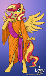 Size: 800x1320 | Tagged: safe, artist:omny87, derpibooru import, sunset shimmer, alicorn, anthro, unguligrade anthro, alicornified, clothes, female, gradient background, mare, patreon, patreon reward, race swap, shimmercorn, signature, simple background, smiling, solo, spread wings, toga, wings