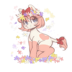 Size: 1600x1600 | Tagged: safe, artist:angelbeat-drift, derpibooru exclusive, derpibooru import, oc, oc:iwa, cow, cow pony, blushing, bow, female, floral head wreath, flower, hair bow, horn, mare, simple background, sitting, smiling, smiling at you, tail bow