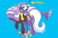 Size: 3045x1970 | Tagged: safe, artist:inkynotebook, derpibooru import, oc, oc only, oc:aether naut, earth pony, pony, airship, bedroom eyes, blue background, clothes, earth pony oc, female, goggles, mare, raised hoof, scarf, signature, simple background, solo