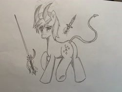 Size: 4032x3024 | Tagged: safe, artist:artevi, derpibooru import, oc, oc:integrity, pony, dagger, horns, solo, sword, tail, traditional art, weapon