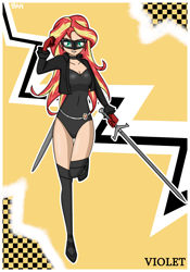 Size: 1750x2500 | Tagged: safe, artist:banquo0, derpibooru import, sunset shimmer, human, art pack:my little persona ii, breasts, cleavage, clothes, gloves, humanized, kasumi yoshizawa, leotard, mask, persona, persona 5, phantom thief, phantom thieves, shoes, solo, sword, weapon