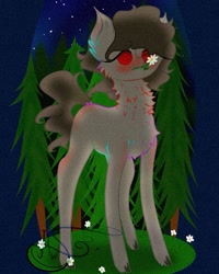 Size: 849x1061 | Tagged: safe, artist:nel_liddell, derpibooru import, oc, oc only, pony, chest fluff, flower, flower in mouth, mouth hold, night, outdoors, signature, solo, stars, tree