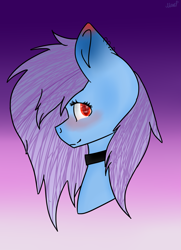 Size: 2085x2875 | Tagged: safe, artist:toptian, derpibooru import, oc, oc only, earth pony, pony, blushing, bust, choker, earth pony oc, gradient background, signature, smiling, solo