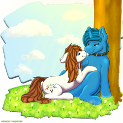 Size: 920x920 | Tagged: safe, artist:sergefoxpaws, derpibooru import, oc, oc only, earth pony, pony, unicorn, cloud, collar, cuddling, cutie mark, digital art, duo, female, hooves, horn, looking at each other, male, mare, oc x oc, shipping, simple background, sky, smiling, stallion, tail, transparent background, tree