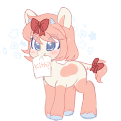 Size: 1000x1000 | Tagged: safe, artist:angelbeat-drift, derpibooru exclusive, derpibooru import, oc, oc only, oc:iwa, cow, cow pony, blushing, bow, female, hair bow, horn, mare, paper, simple background, standing, tail bow, unshorn fetlocks