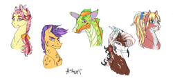 Size: 1588x717 | Tagged: safe, artist:ashurikrbg, derpibooru import, oc, oc only, oc:comet blaze, oc:dragonfly, oc:lily, oc:sapphire pip, oc:zealous, hybrid, pony, bust, dragonling, female, interspecies offspring, magical gay spawn, magical lesbian spawn, male, mare, next generation, offspring, parent:big macintosh, parent:discord, parent:flash sentry, parent:fluttershy, parent:marble pie, parent:princess celestia, parent:spike, parent:thorax, parent:tree hugger, parent:twilight sparkle, parents:dislestia, parents:flashlight, parents:flutterhugger, parents:marblemac, parents:thoraxspike, simple background, stallion, white background