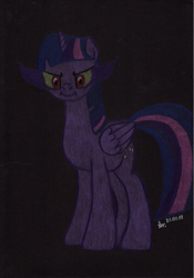 Size: 2051x2924 | Tagged: safe, artist:aracage, derpibooru import, twilight sparkle, twilight sparkle (alicorn), alicorn, pony, black background, colored pencil drawing, corrupted, corrupted twilight sparkle, dark, dark magic, dark twilight, dark twilight sparkle, darklight, darklight sparkle, evil grin, female, grin, magic, possessed, simple background, smiling, solo, sombra eyes, traditional art