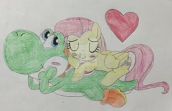 Size: 1280x829 | Tagged: safe, artist:justinvaldecanas, derpibooru import, fluttershy, pegasus, pony, blush sticker, blushing, crossover, crossover shipping, deviantart watermark, female, flutteryoshi, heart, male, obtrusive watermark, shipping, simple background, straight, traditional art, watermark, white background, yoshi