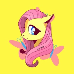 Size: 1280x1280 | Tagged: safe, artist:shouji-kun, derpibooru import, fluttershy, pegasus, pony, bust, cutie mark background, female, mare, portrait, profile, solo