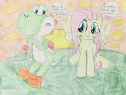 Size: 1280x960 | Tagged: safe, artist:justinvaldecanas, derpibooru import, fluttershy, pegasus, pony, crossover, crossover shipping, deviantart watermark, dialogue, female, male, obtrusive watermark, shipping, straight, traditional art, watermark, yoshi