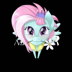 Size: 1500x1500 | Tagged: safe, artist:nivimonster, derpibooru import, kerfuffle, pegasus, flower, looking at you, mouth hold, purple eyes, simple background